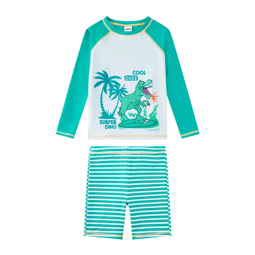Upandfast UPF 50+ Boy Rash Guard Set 2-piece Swimsuits-Green Dinosaur