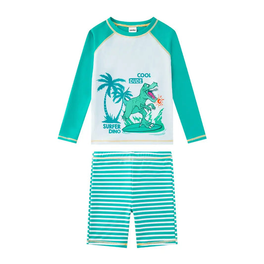 Upandfast UPF 50+ Boy Rash Guard Set 2-piece Swimsuits-Green Dinosaur