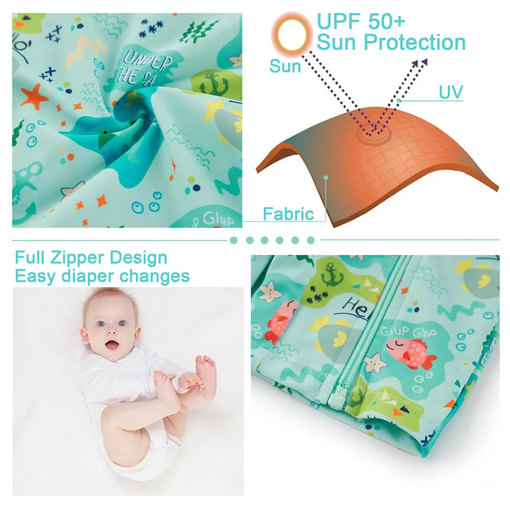 UPF 50+ Baby Boy One-piece Swimsuit with Full Zip-Green Shark