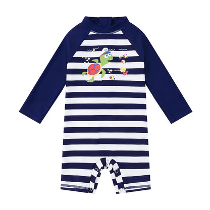 Baby Boy One Piece Swimsuit with Snap Button UPF 50+ Striped Turtle