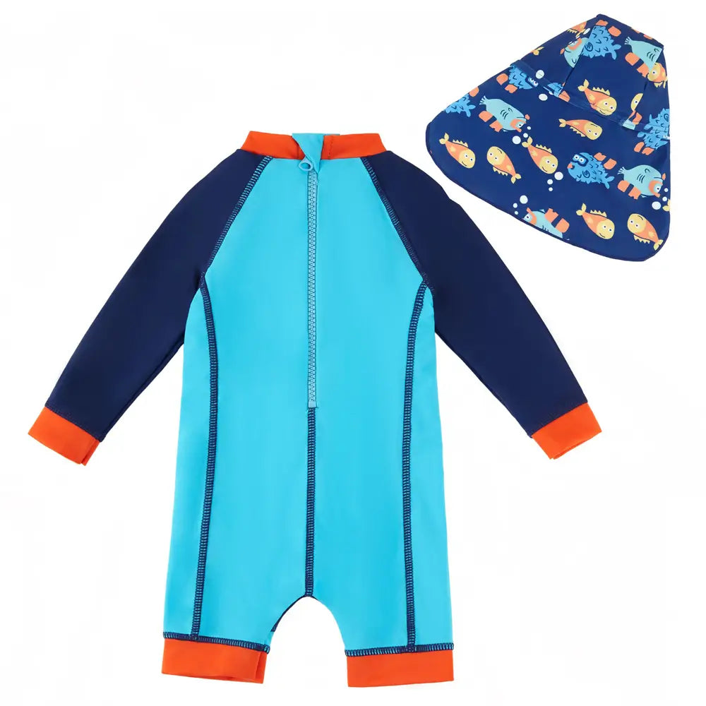 Baby Boy One Piece Swimsuit with Sun Hat Toddler Sunsuit-Blue Fish