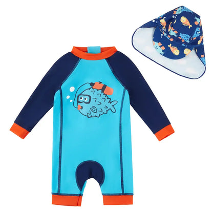 Baby Boy One Piece Swimsuit with Sun Hat Toddler Sunsuit-Blue Fish