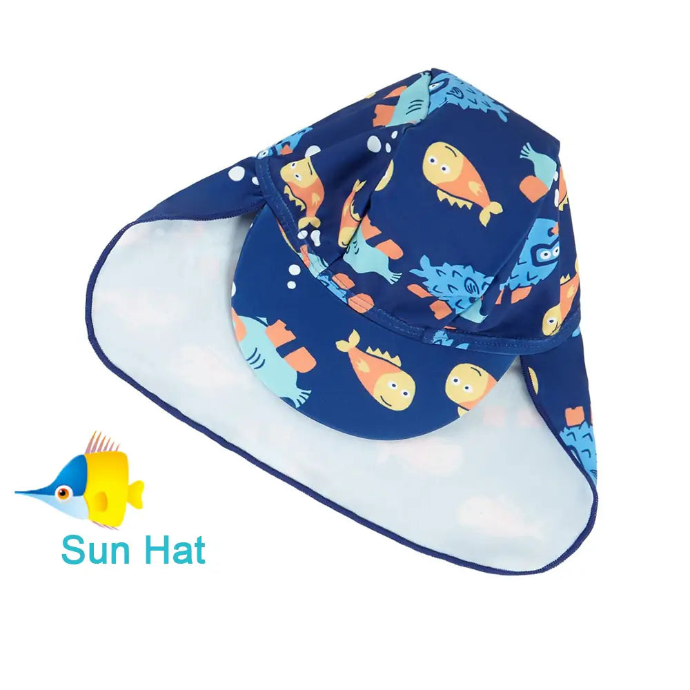 Baby Boy One Piece Swimsuit with Sun Hat Toddler Sunsuit-Blue Fish