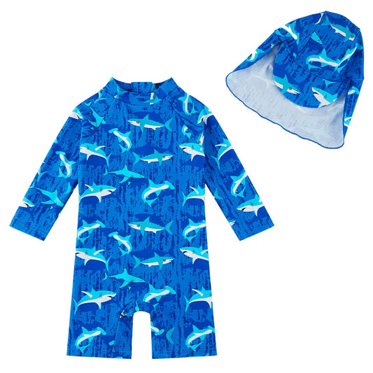 Baby Boy One Piece Swimwear UPF 50+ Sunsuit with Sun Hat-Seablue Shark