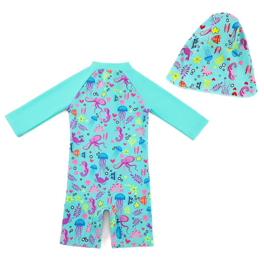 UPF50+ Baby Girl One-piece Swimsuits with Sun Hat-Octopus