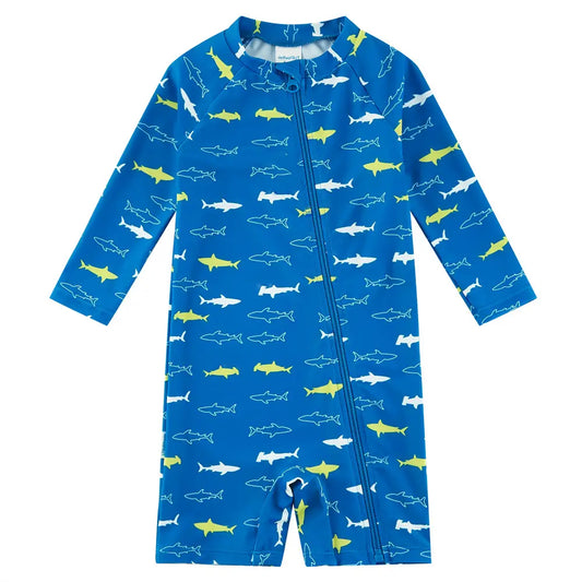 Baby Boy Swimwear UPF 50+ Full-zip Sunsuit -Sapphire Blue Shark