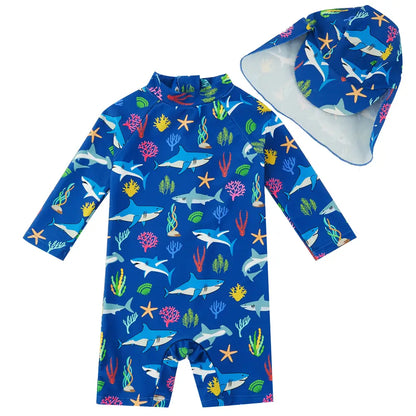UPF 50+ Baby Boys Swimsuit with Sun Hat-Blue Shark