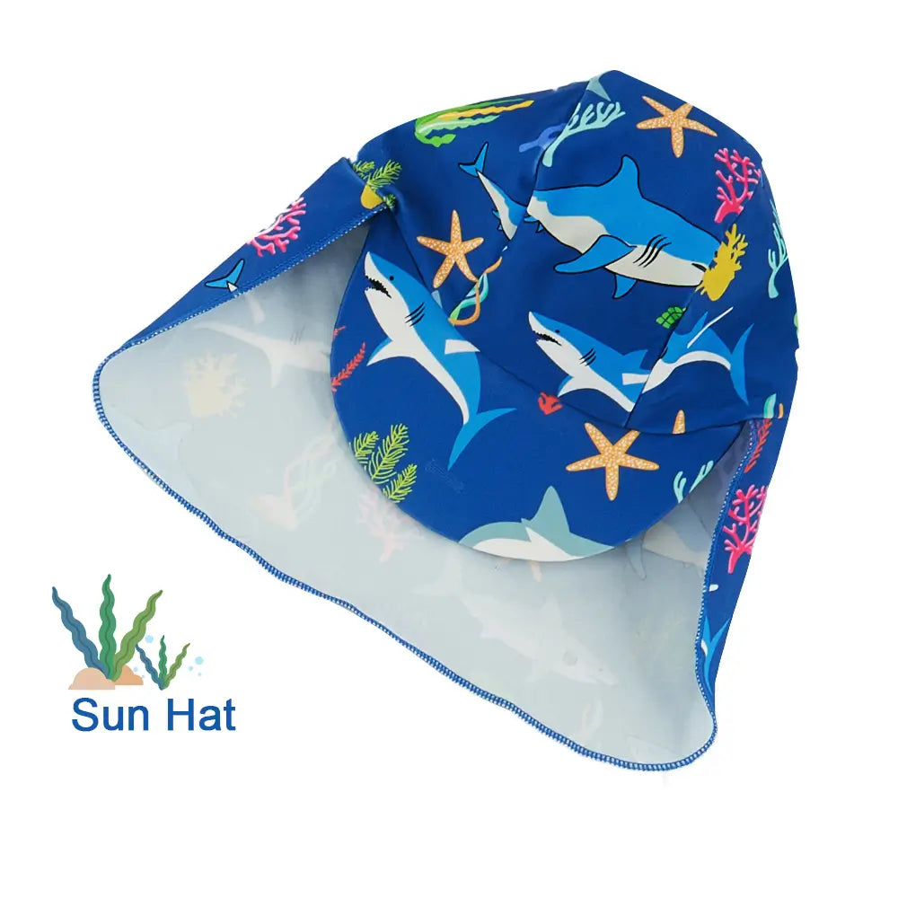 UPF 50+ Baby Boys Swimsuit with Sun Hat-Blue Shark