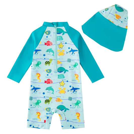 Baby Boys UPF 50+ Sunsuit Infant Bathing Suit with Sun Hat-Marine Life