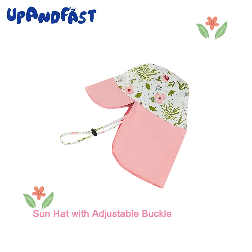 UPF 50+ Baby Girl Full Zip Swimsuit with Sun Hat-Pink Flower