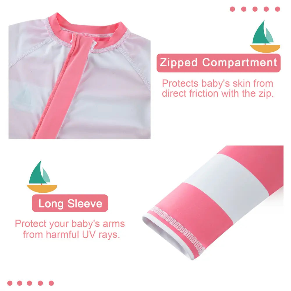 UPF 50+ Baby Girl One-piece Swimwear with Full Zip-Pink Striped