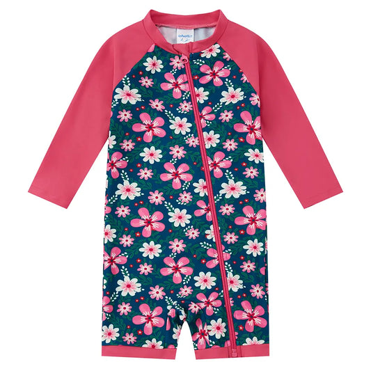 Baby Girl One Piece Sunsuit with UPF 50+ Full Zip Swimwear-Navy Flower