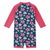 Baby Girl One Piece Sunsuit with UPF 50+ Full Zip Swimwear-Navy Flower