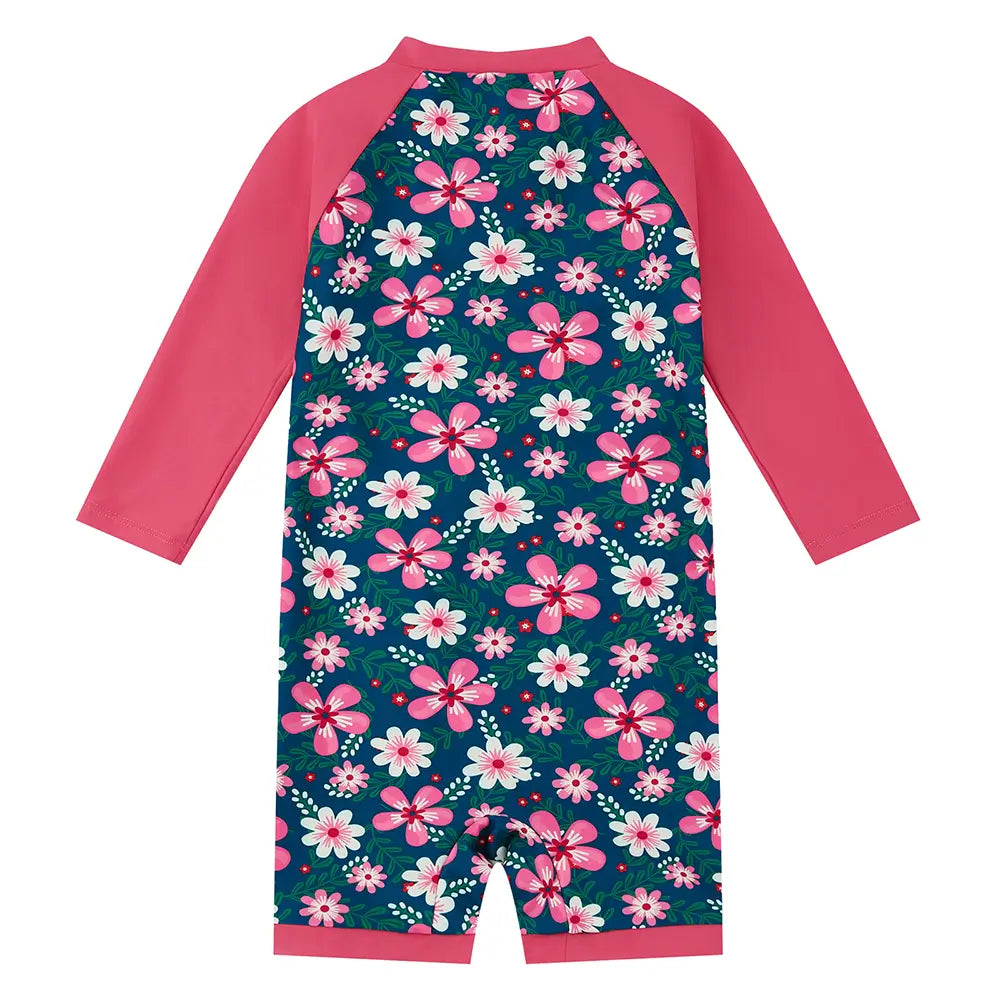 Baby Girl One Piece Sunsuit with UPF 50+ Full Zip Swimwear-Navy Flower