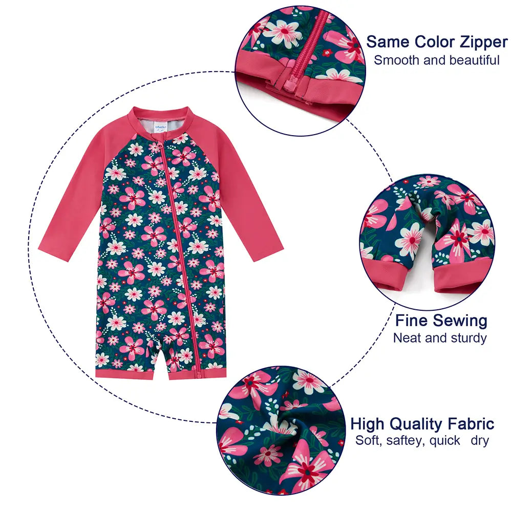 Baby Girl One Piece Sunsuit with UPF 50 Full Zip Swimwear Navy Flower upandfast