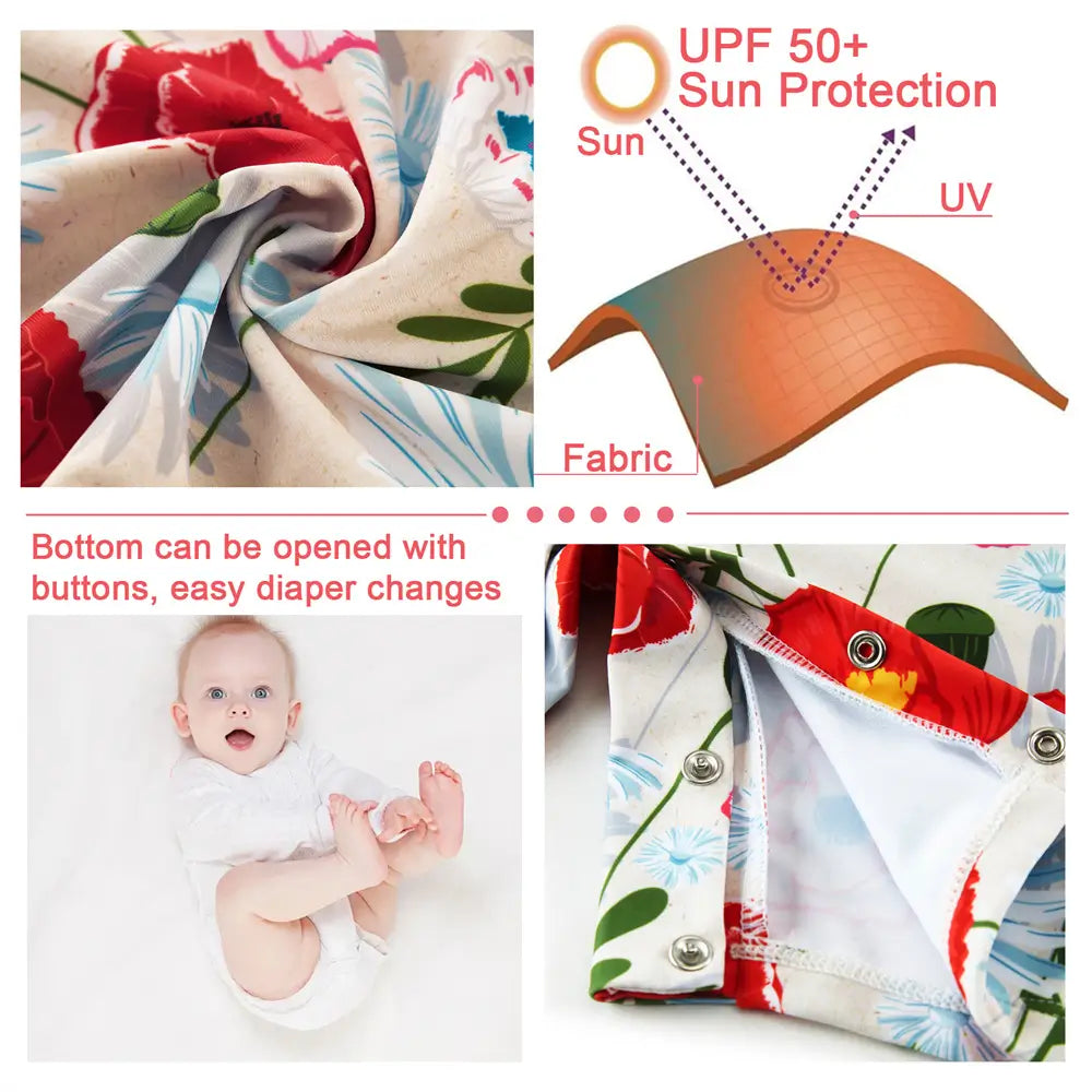 UPF 50+ Baby Girl Snap Swimsuit Infant Sunsuit-Red Flower