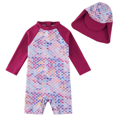 UPF 50+ Baby Girl Swimsuit Set with Snap & Sun Hat-Mermaids