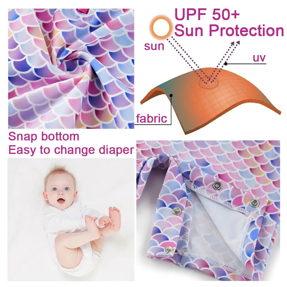 UPF 50+ Baby Girl Swimsuit Set with Snap & Sun Hat-Mermaids
