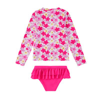 UPF 50+ Girl Split Swimsuit Rash Guard Set-Pink Flower