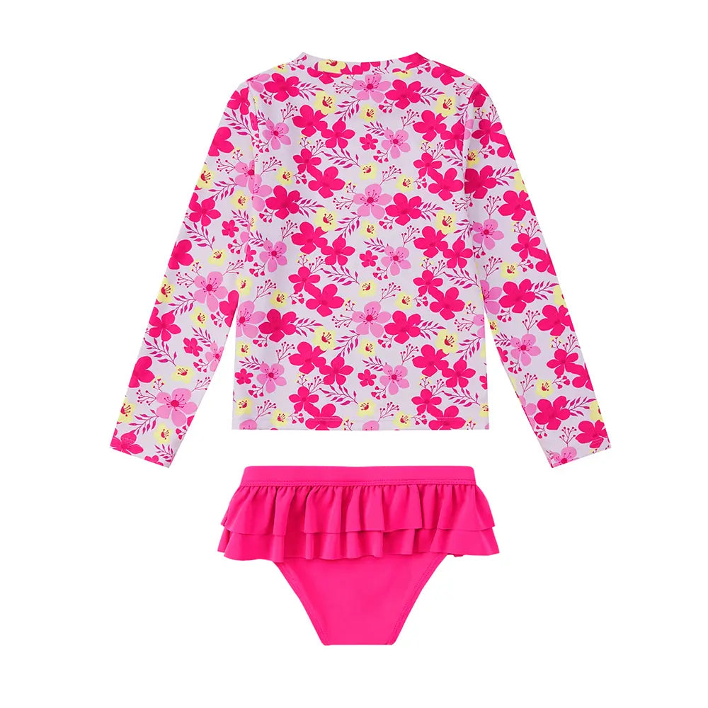UPF 50+ Girl Split Swimsuit Rash Guard Set-Pink Flower