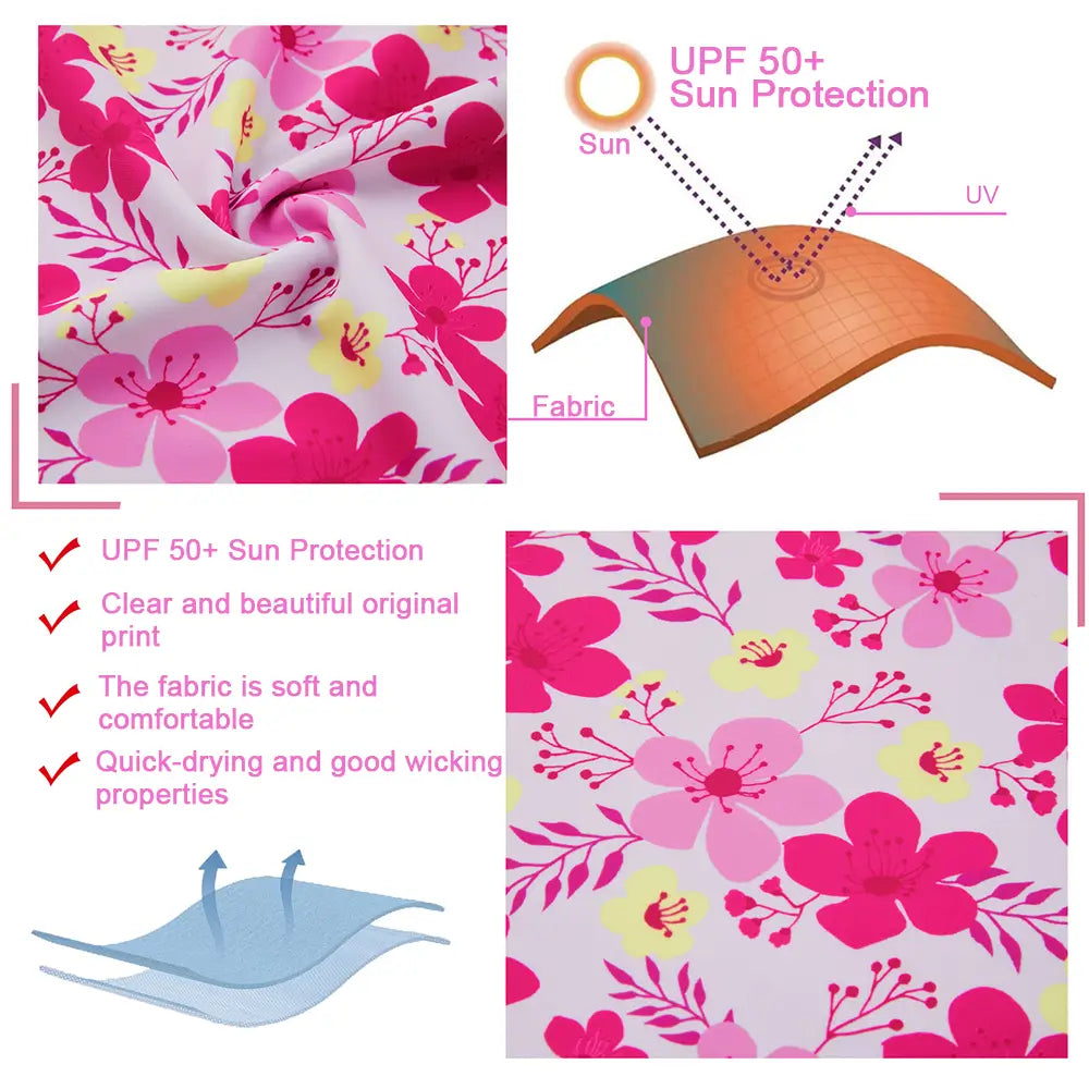 UPF 50+ Girl Split Swimsuit Rash Guard Set-Pink Flower