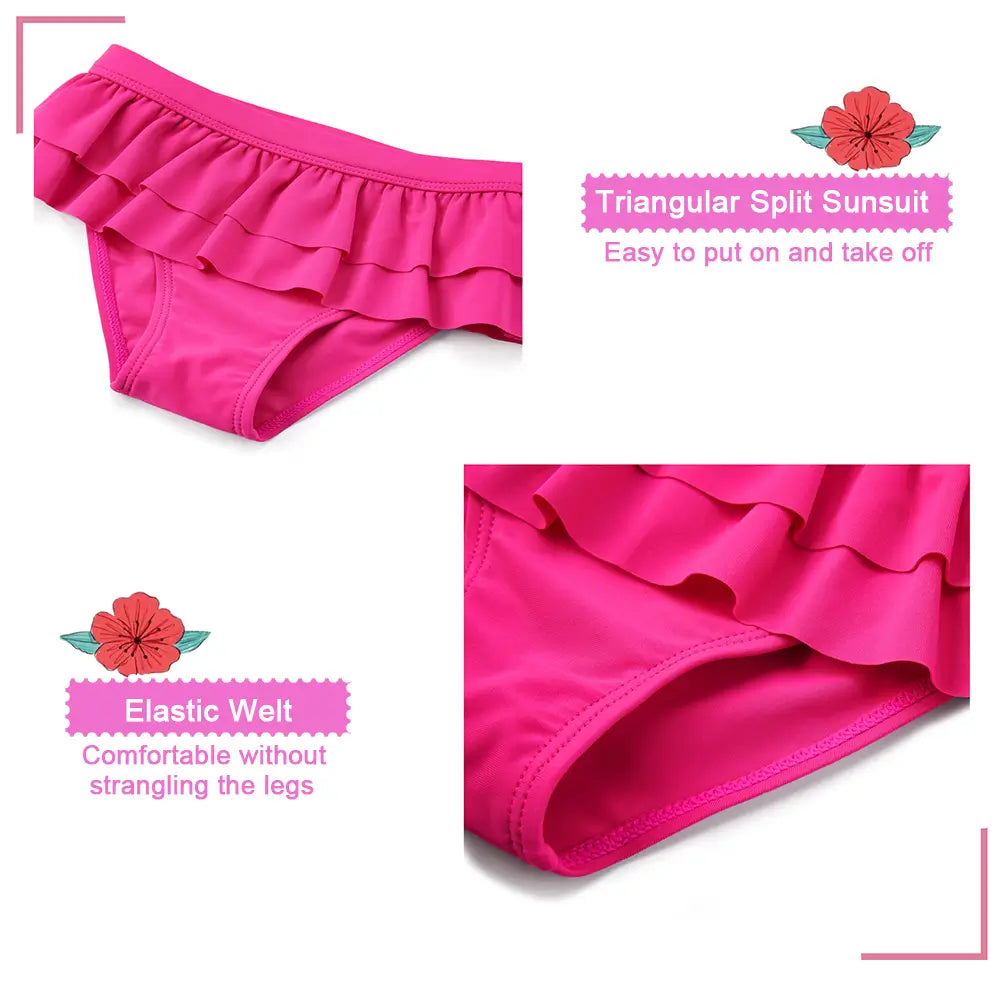 UPF 50+ Girl Split Swimsuit Rash Guard Set-Pink Flower