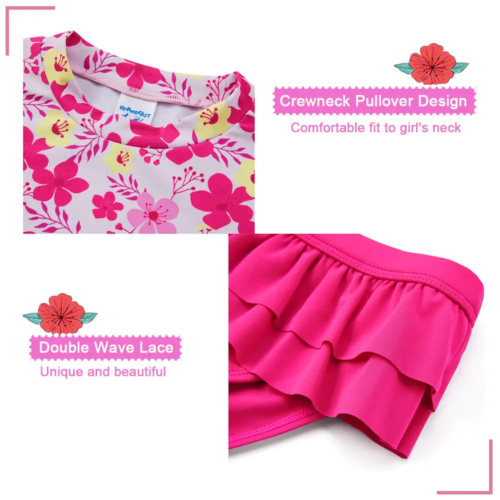 UPF 50+ Girl Split Swimsuit Rash Guard Set-Pink Flower