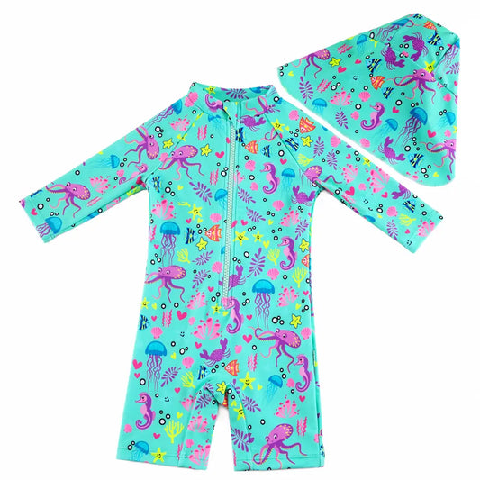 UPF 50+ Baby Girl Sunsuit Set with Sun Hat-Blue Octopus
