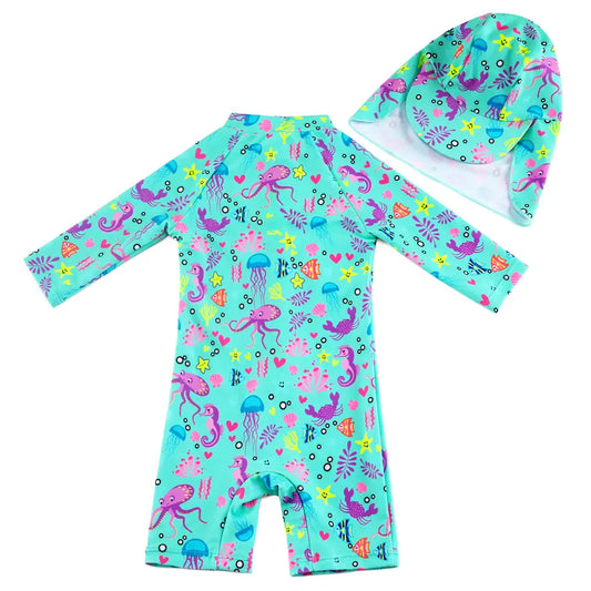 UPF 50+ Baby Girl Sunsuit Set with Sun Hat-Blue Octopus