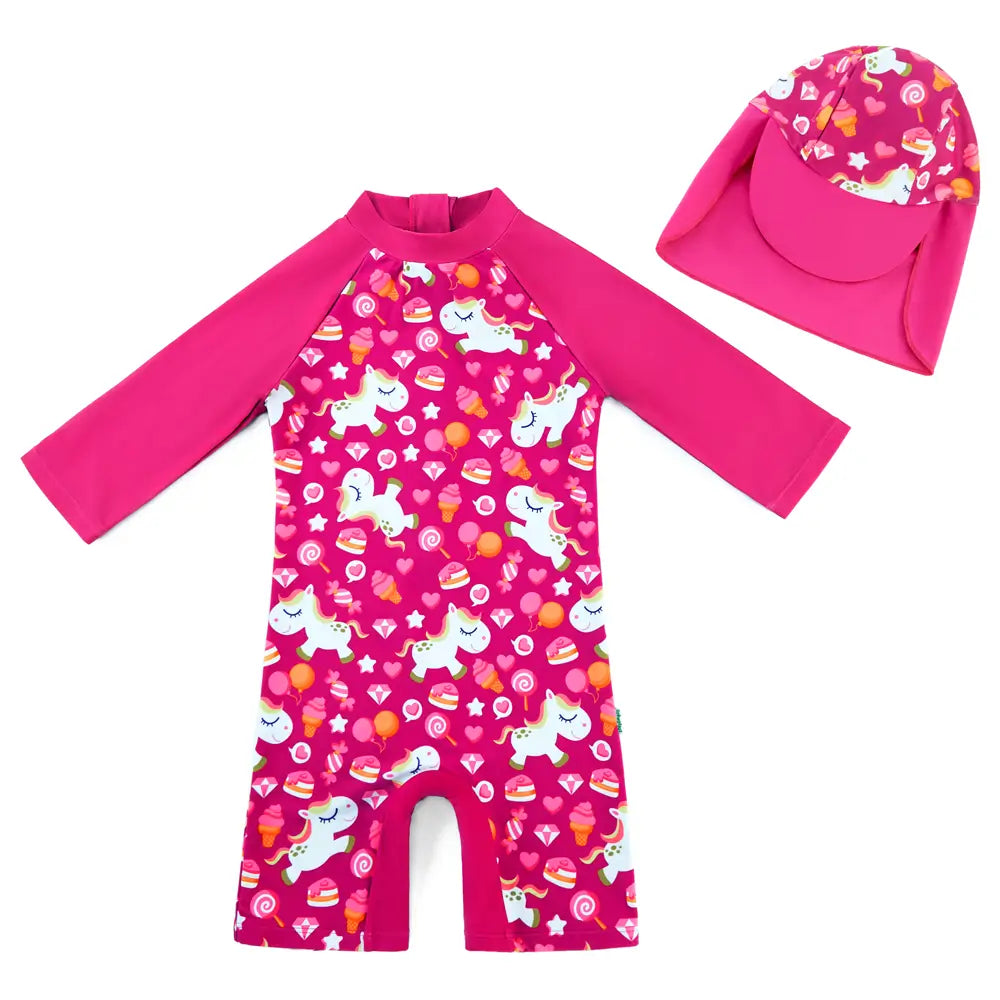 Baby Girl Swimsuit UPF 50+ Sunsuit with Sun Hat-Candy Pony