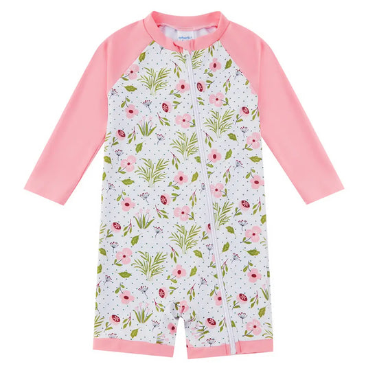 Baby Girls Full Zipper Swimsuit UPF 50+ One-Piece Sunsuit-Pink Flower