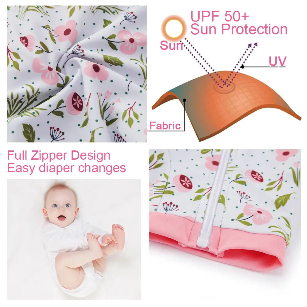 UPF 50+ Baby Girls Swimsuit with Full Zipper-Pink Flower