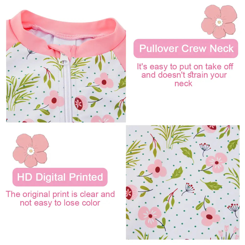 UPF 50+ Baby Girls Swimsuit with Full Zipper-Pink Flower
