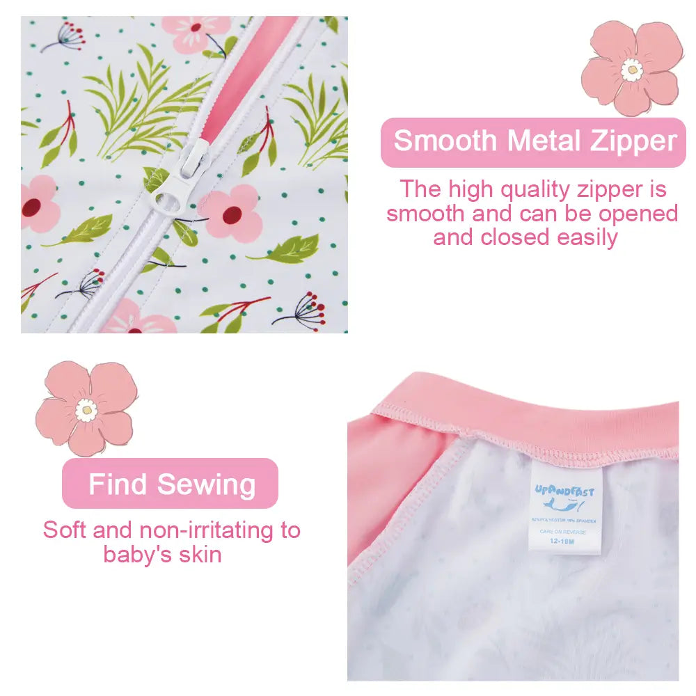 UPF 50+ Baby Girls Swimsuit with Full Zipper-Pink Flower