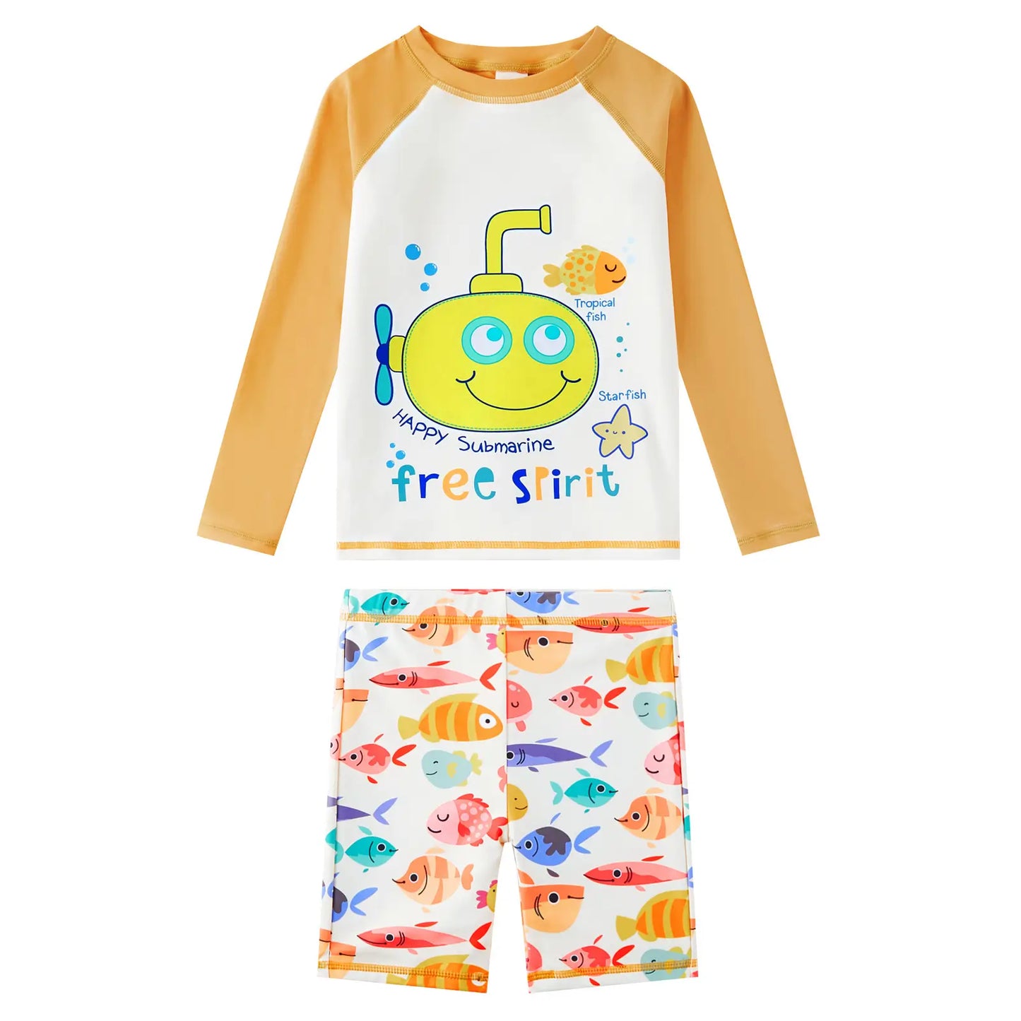 Boy 2 Piece Rash Guard Set Toddler Swimwear with Swim Short-Many Fish