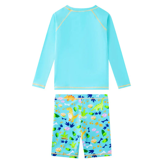 Boy Rash Guard Set UPF 50+ 2 Piece Swimsuits-Green Dinosaur