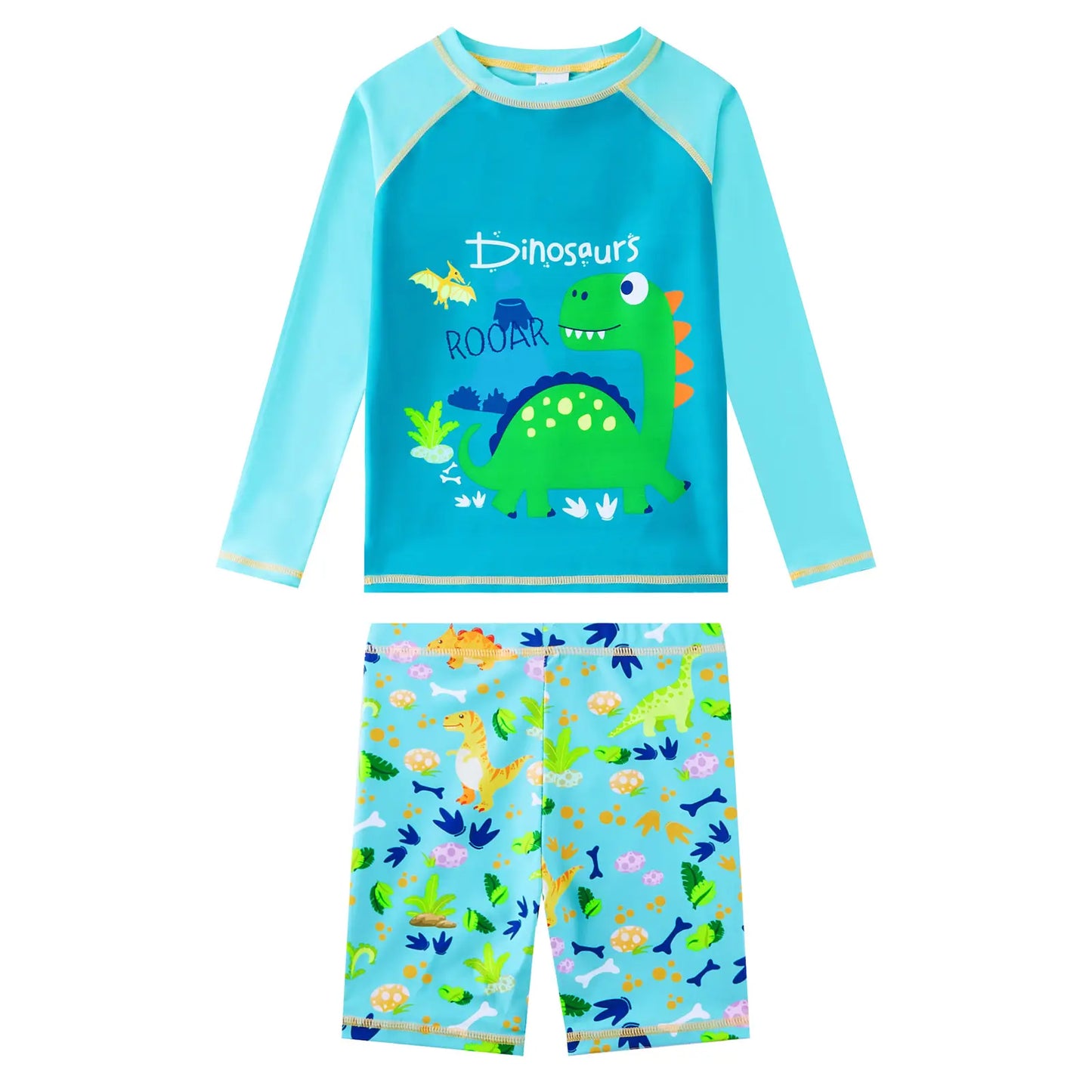 Boy Rash Guard Set UPF 50+ 2 Piece Swimsuits-Green Dinosaur