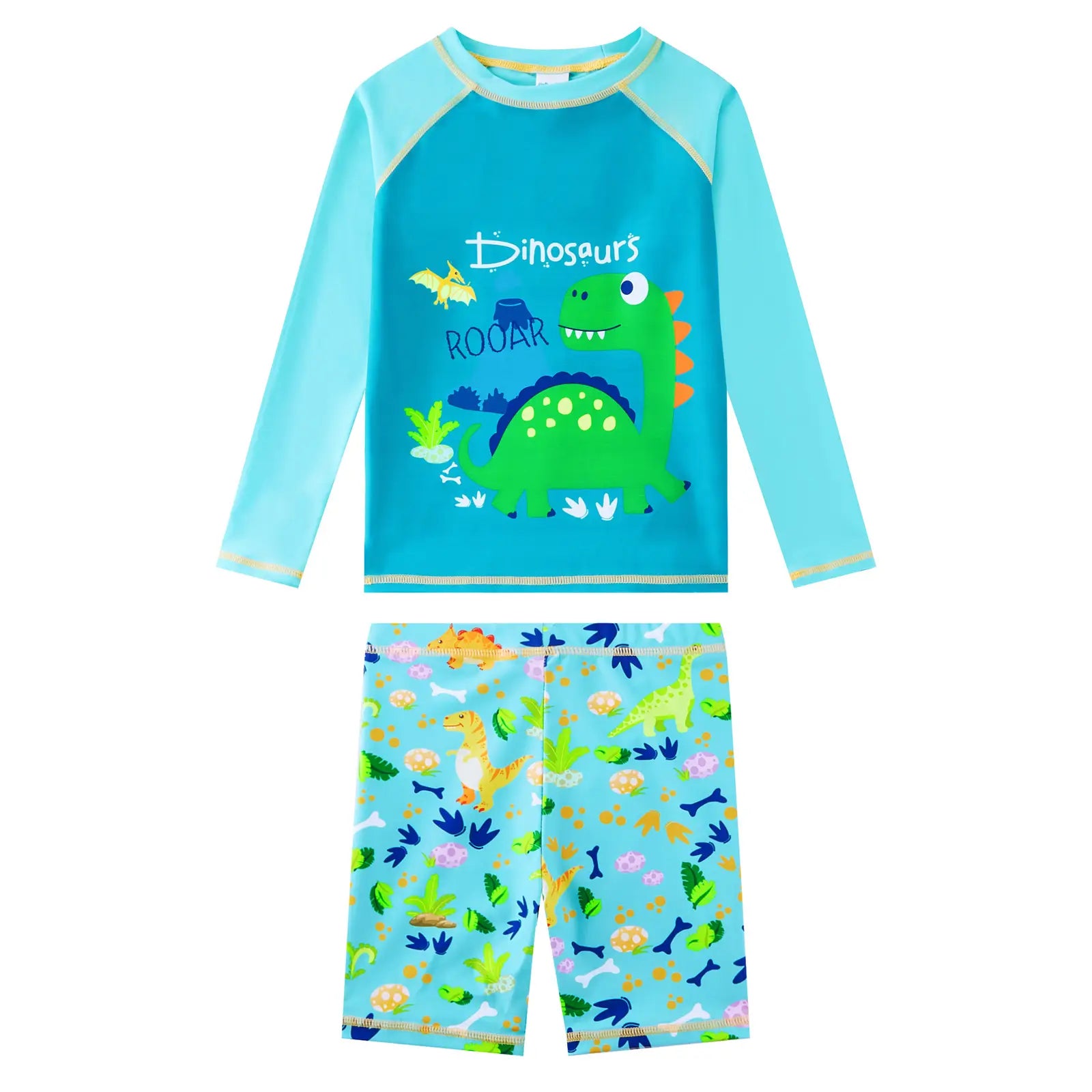 Boy Rash Guard Set UPF 50+ 2 Piece Swimsuits-Green Dinosaur