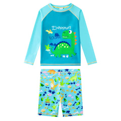 Boy Rash Guard Set UPF 50+ 2 Piece Swimsuits-Green Dinosaur
