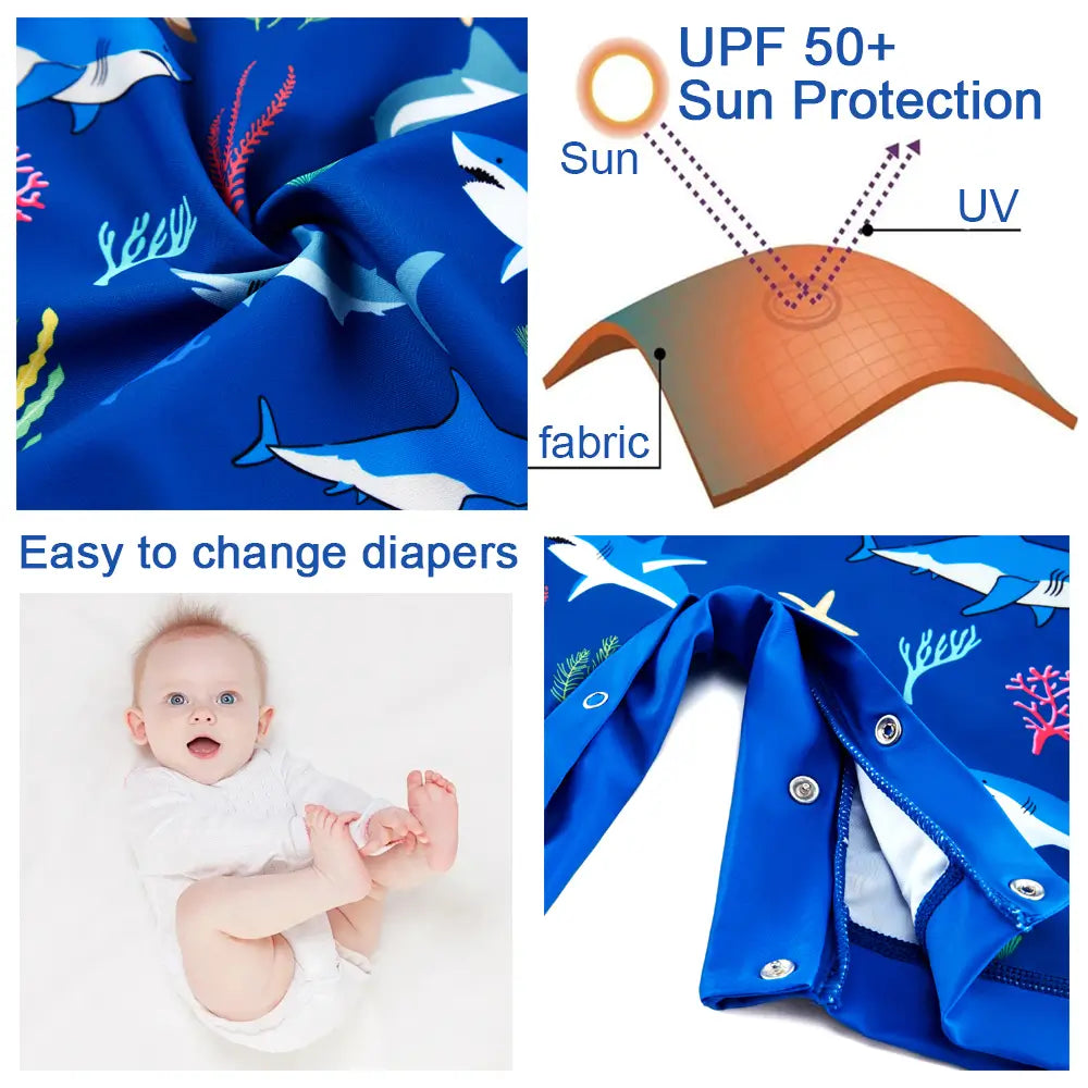 UPF 50+ Baby Boys Swimwear with Snap Buttom-Blue Shark