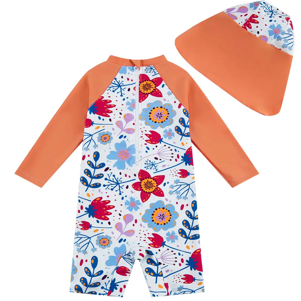 Floral Girls Sun Protection Swimsuit with Sun Hat Sunflower Print upandfast