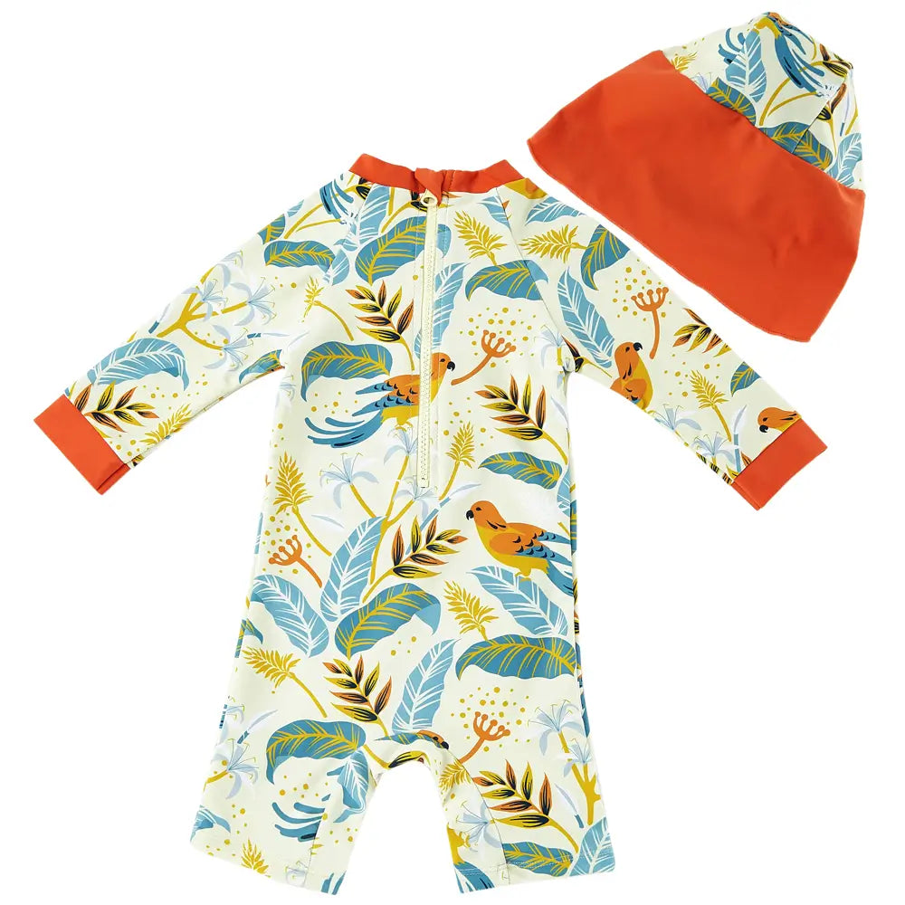 UPF 50+ Baby Boy One Piece Sunsuit with Hat-Orange Bird