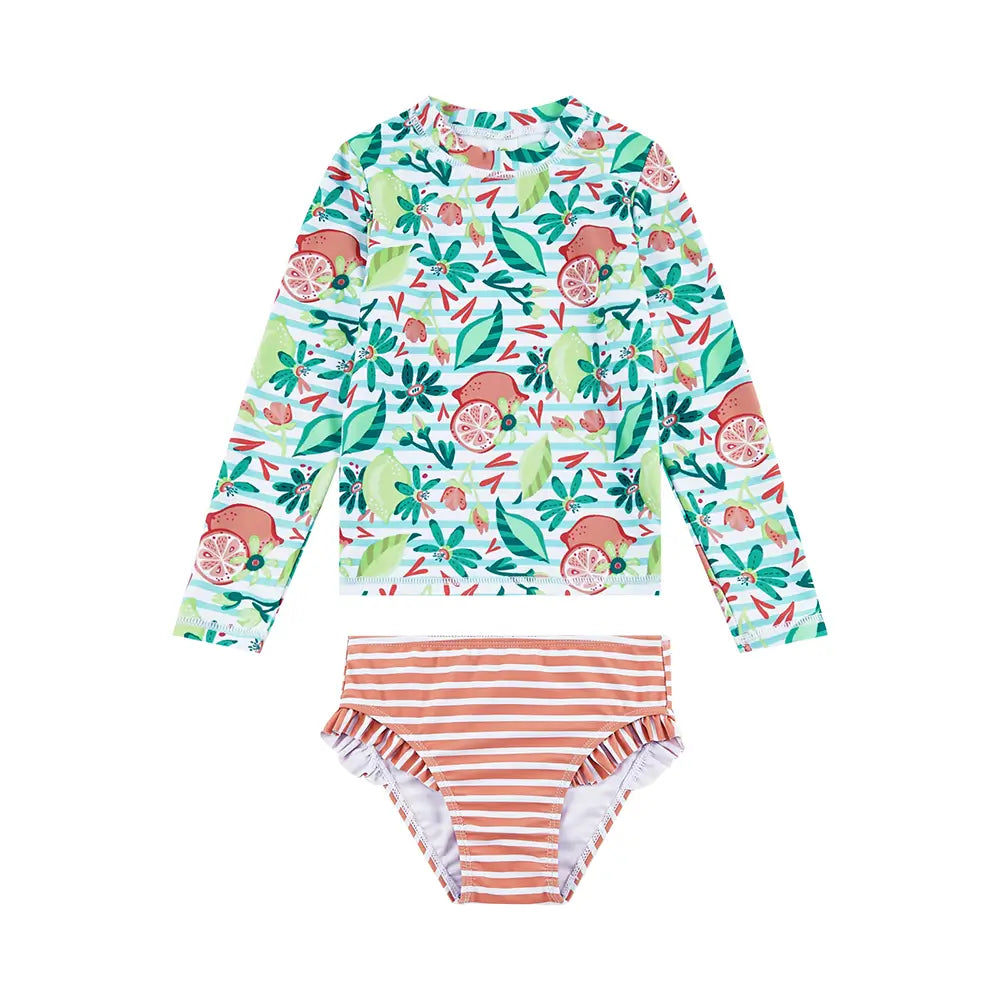 Girl Swimsuit with UPF 50+ Toddler Rash Guard Set-Green Lemon