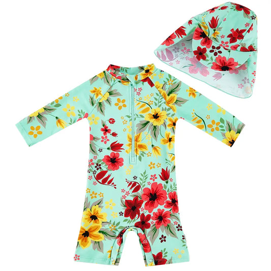 UPF 50+ Baby Girl Swimwear with Sun Hat-Chinese Style