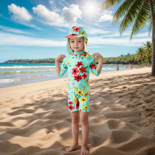 UPF 50+ Baby Girl Swimwear with Sun Hat-Chinese Style