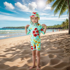 UPF 50+ Baby Girl Swimwear with Sun Hat-Chinese Style