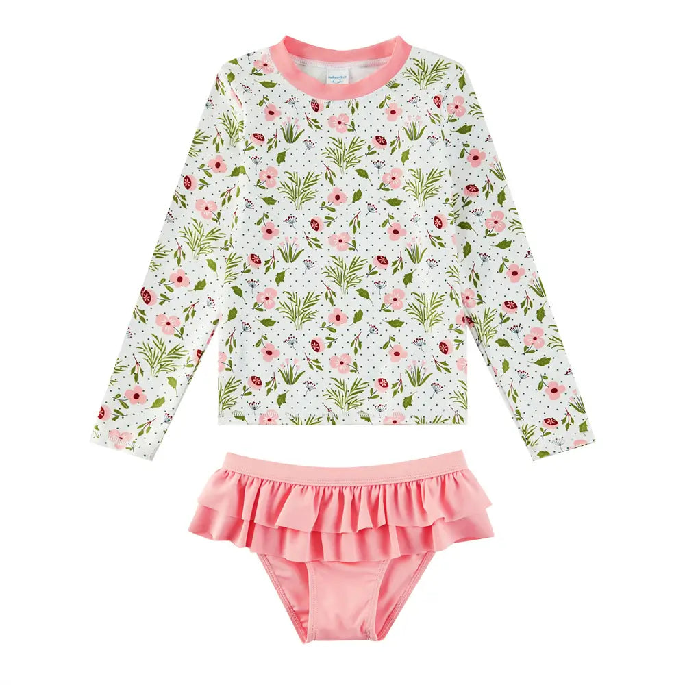 UPF 50+ Kids Girls Swimwear Rash Guard Set-Pink Flower