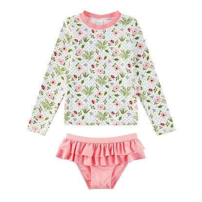 UPF 50+ Kids Girls Swimwear Rash Guard Set-Pink Flower