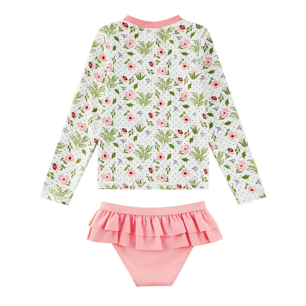 UPF 50+ Kids Girls Swimwear Rash Guard Set-Pink Flower