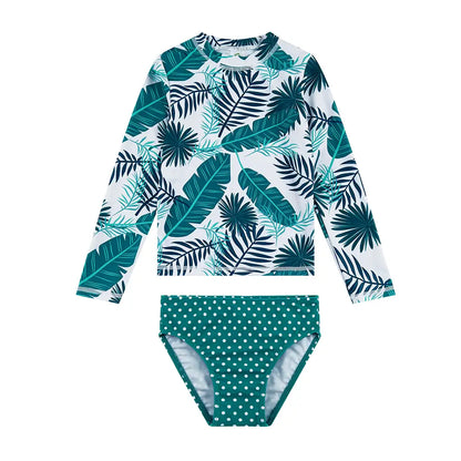 Rash Guard Set for Girls Sunsuit with UPF 50+ Green Plume